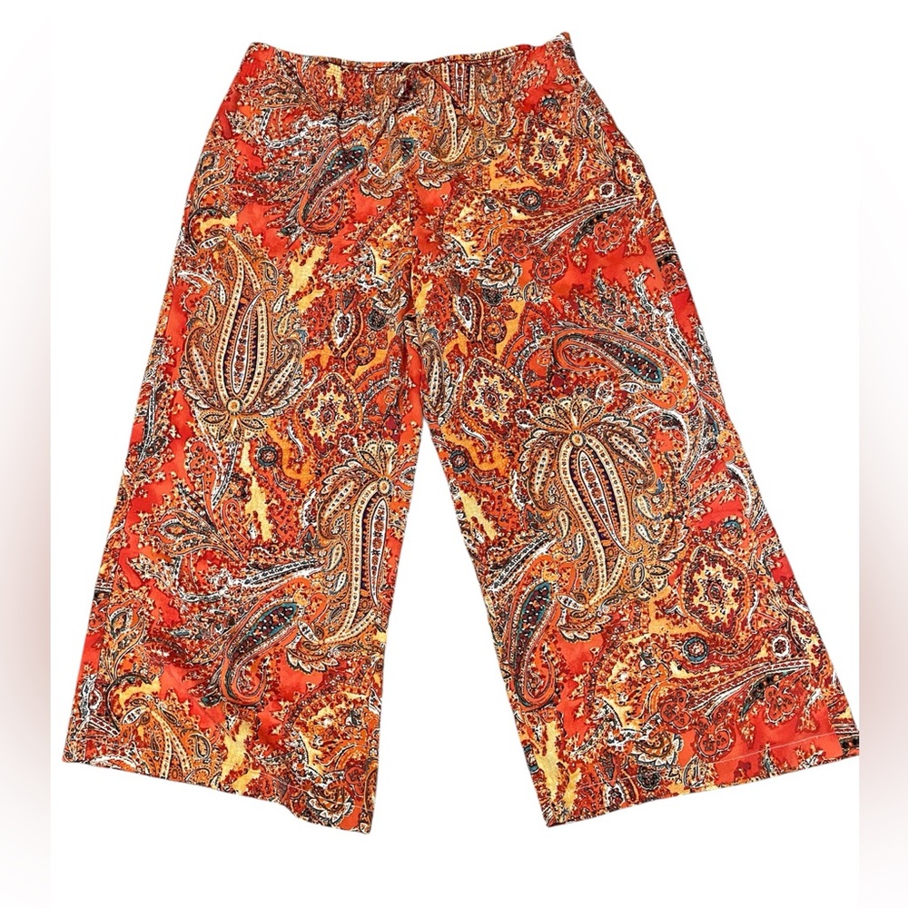 Lauren Ralph Lauren Orange Paisley Wide Leg Boho Hippie Flowy Pants Size XL Wild